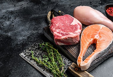 Carne, pescado y pollo proteínas crudas clasificación alimentos   
